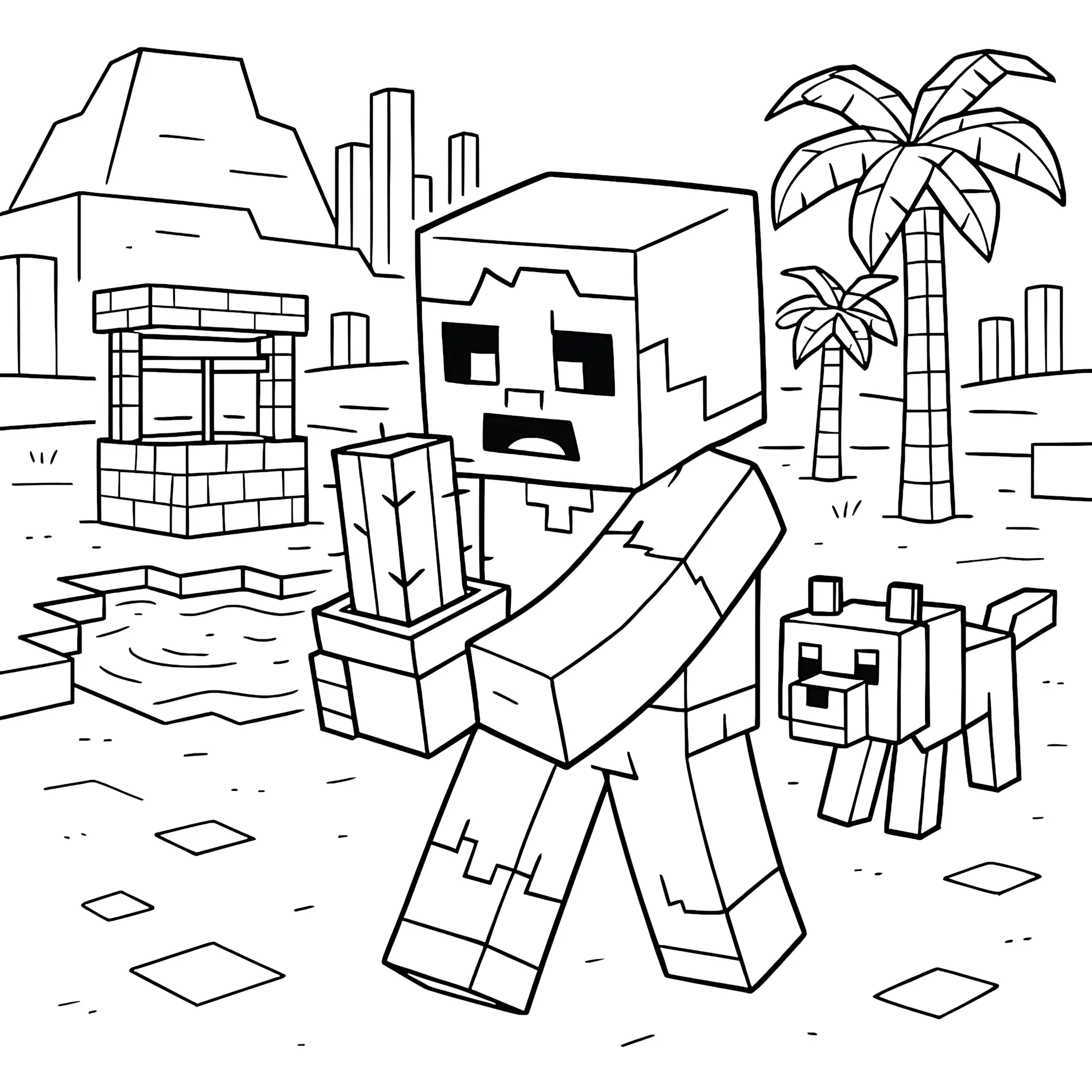 Minecraft  Steve  Dog  Cactus  Coloring  Page